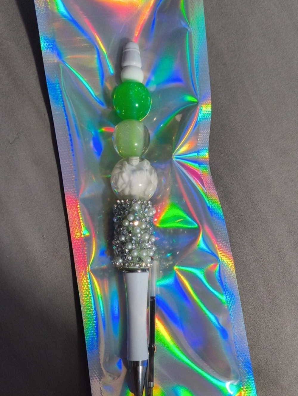 Beaded Green and White Decorative Kids Pen - Brand Unspecified